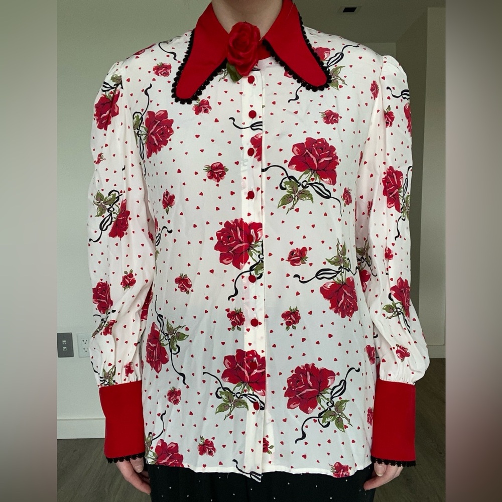 Rodarte Floral Silk Crêpe Red and White Rose Blouse with Detachable Rose Pin